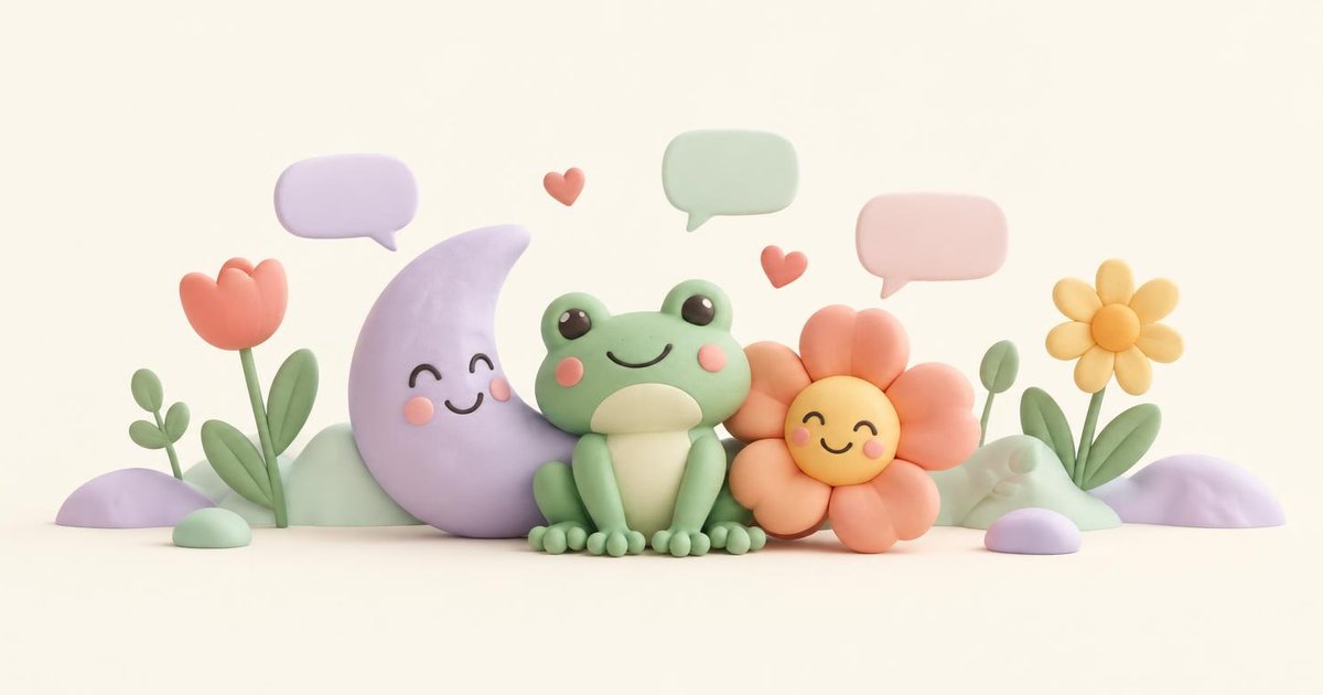 Illustrated moon, frog and flower together, representing a welcoming chat community
